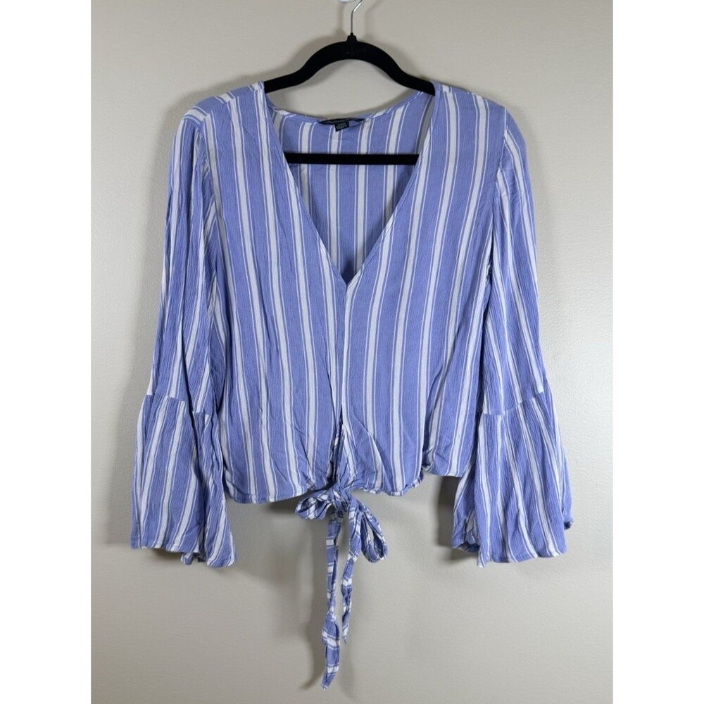 American Eagle Outfitters Blue White Striped V-Neck Tie Front Blouse - M